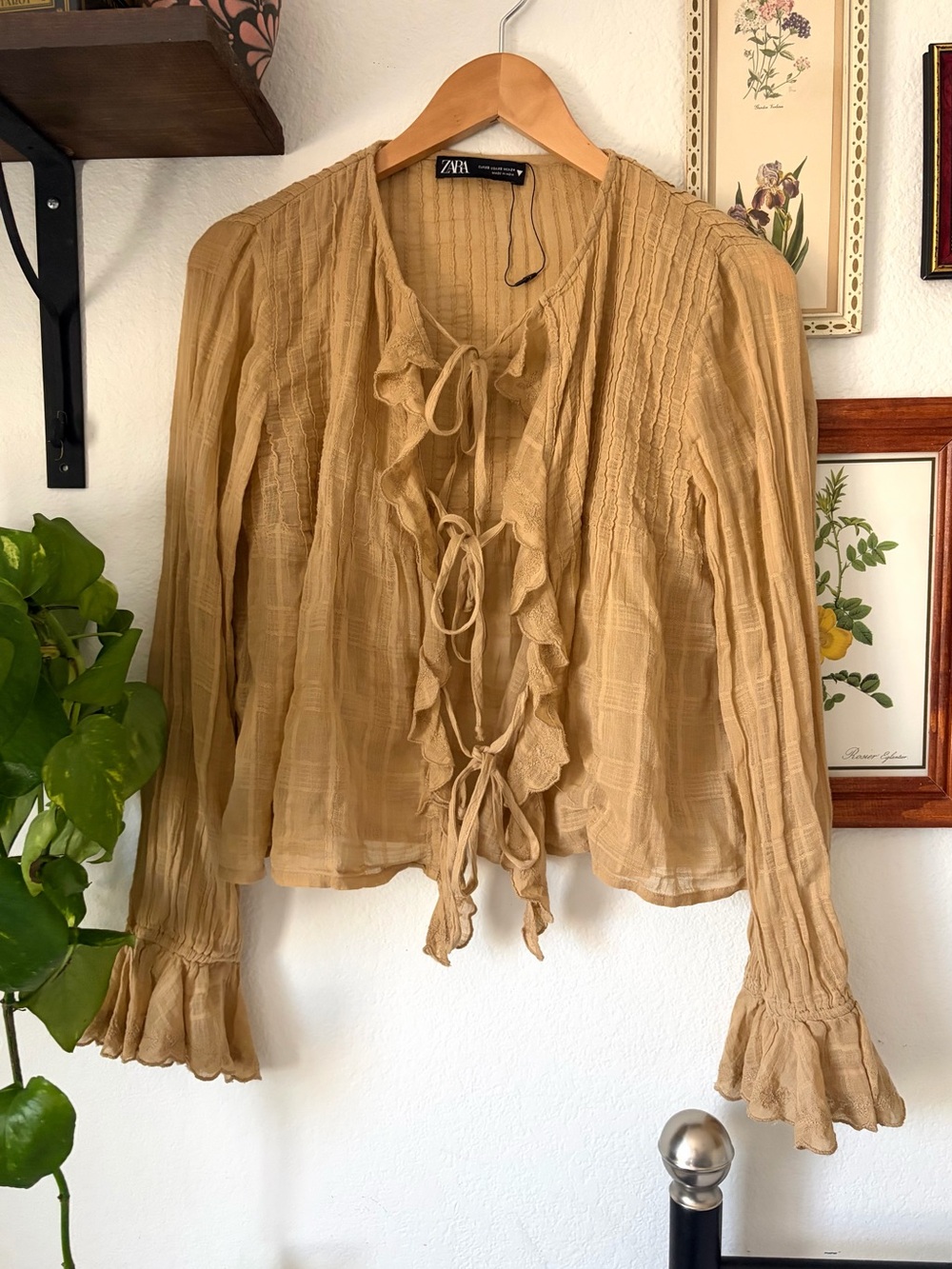 Zara Women's Tan Ruffle Tie-Front Blouse with flared cuff sleeves - XS